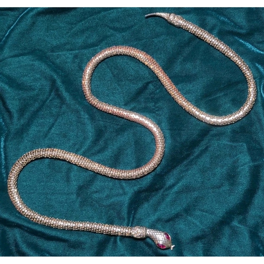 Vintage DL Auld Gold Mesh Snake Necklace / Belt Red Rhinestone Eyes 1980s